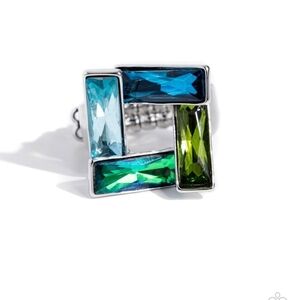 Sinuous Square Blue Ring Unique Paparazzi Silver Ring with Blue and Green Stones